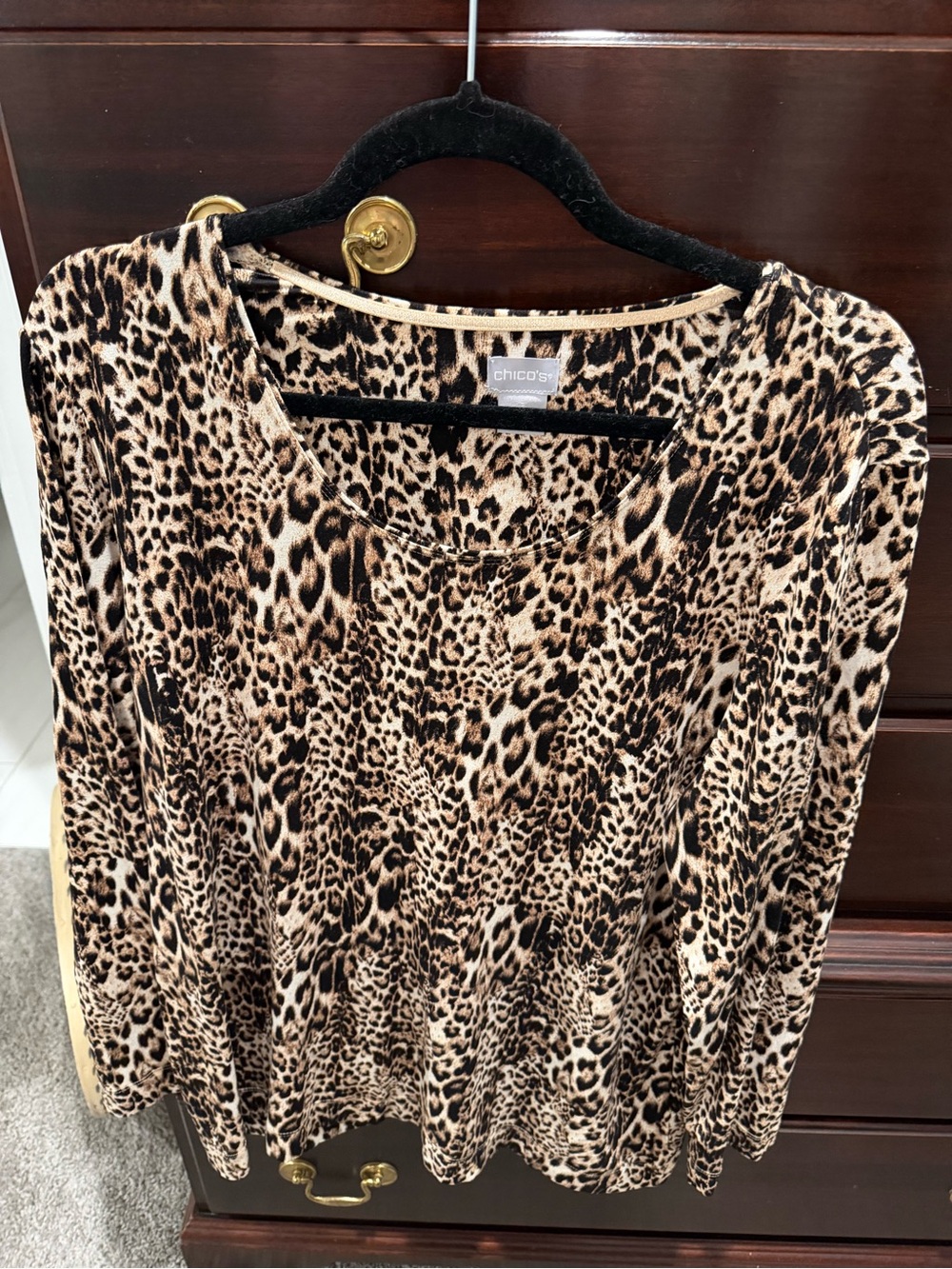 Chico's Animal Print Long Sleeve Scoop Neck Top - Tan & Black
